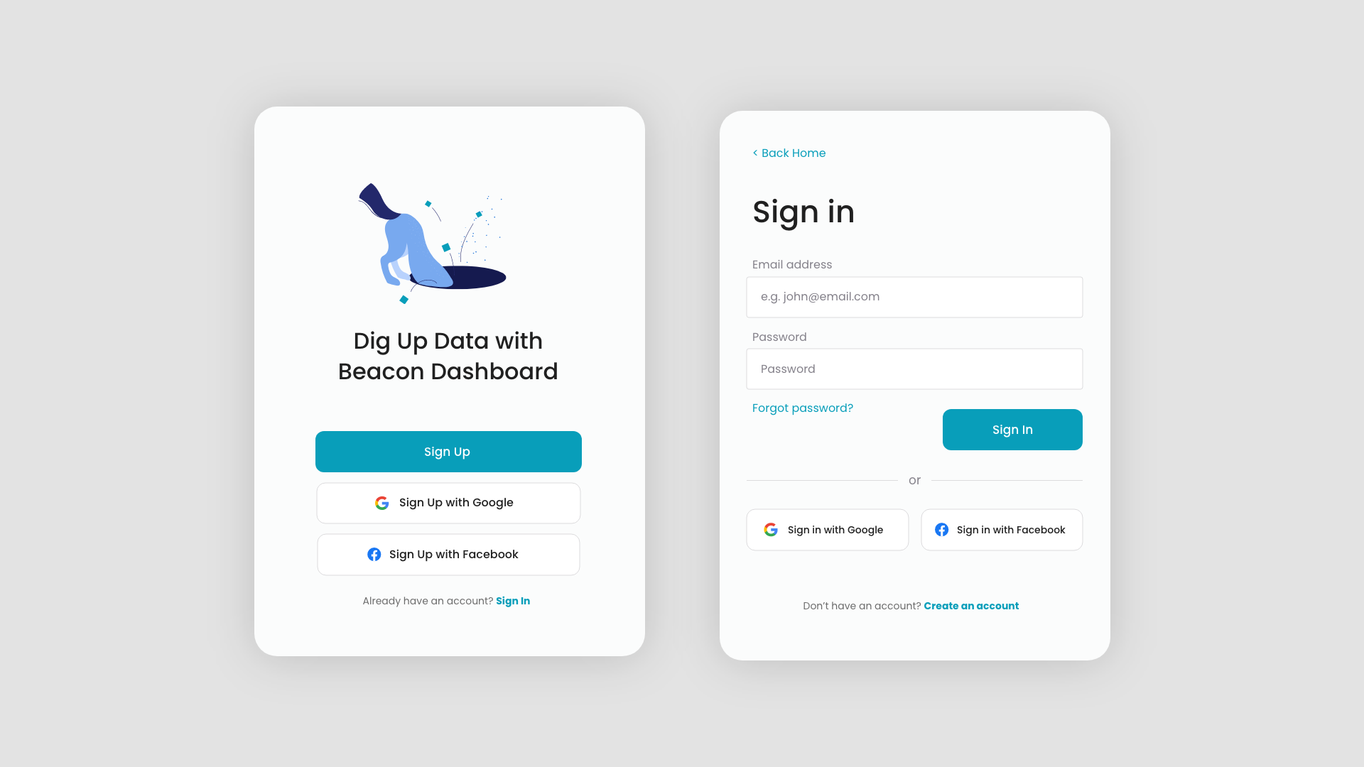 Two sign-in screens with ability to login using facebook and gmail