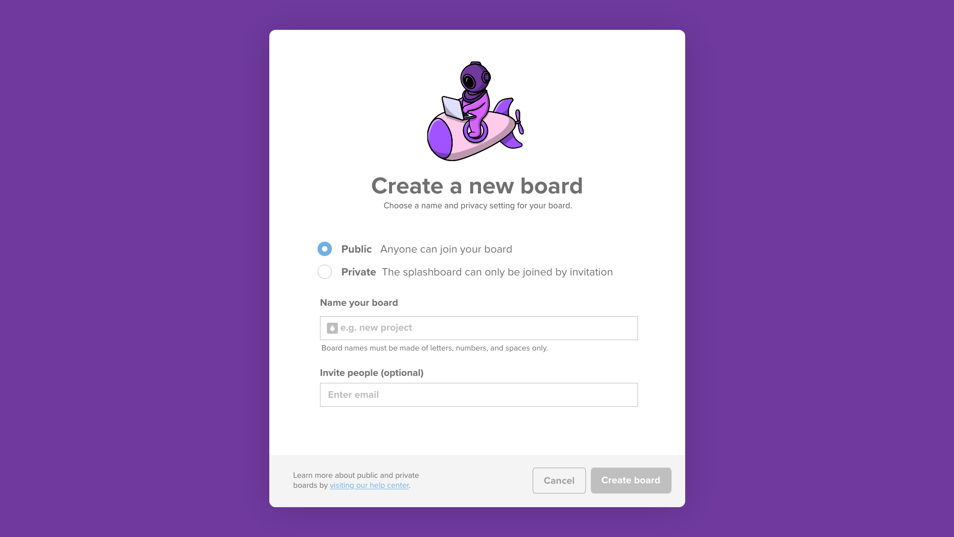 create a new board modal window