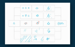 BGF Animation frame drawings with five different ways the logo can be animated