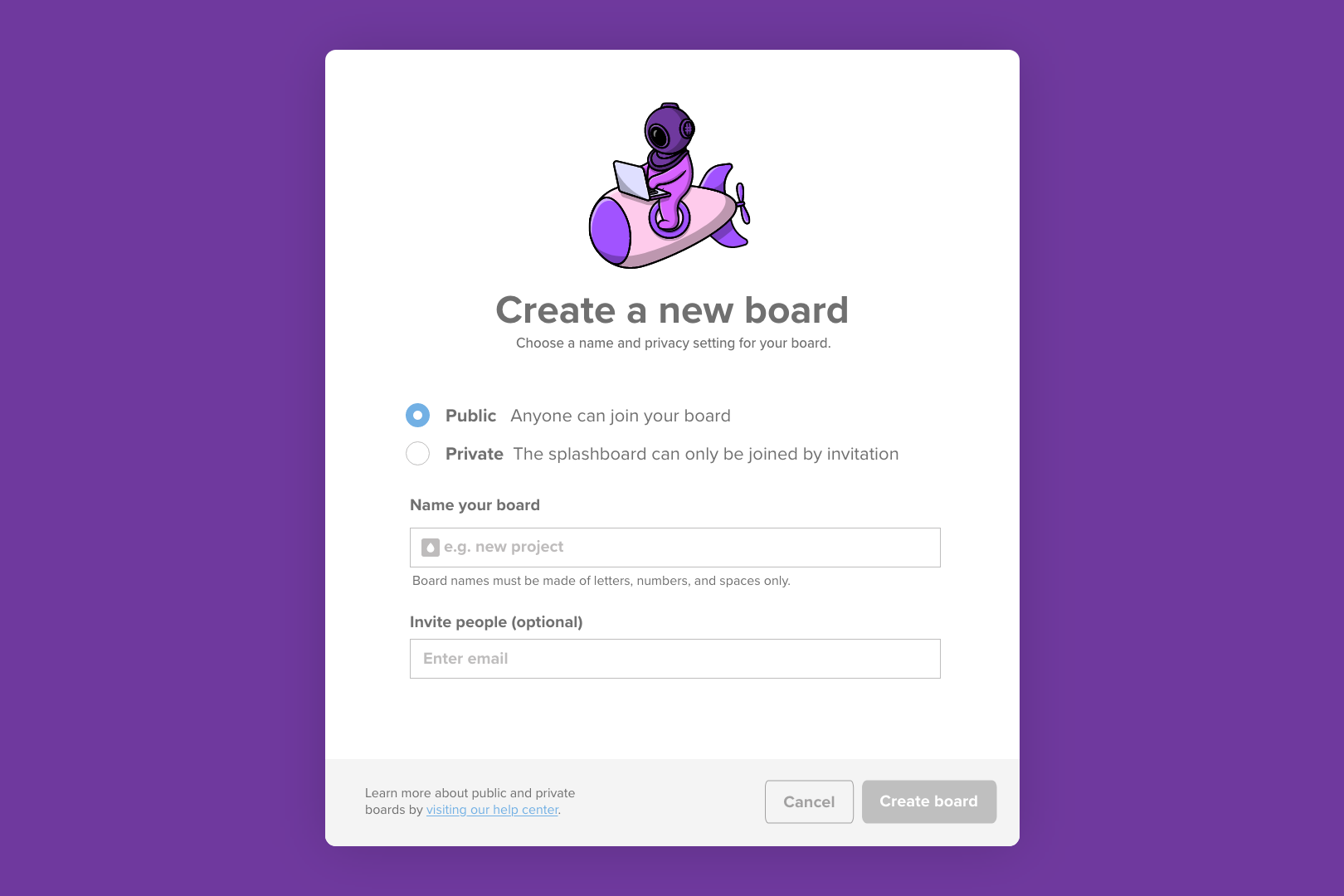 create a new board modal window